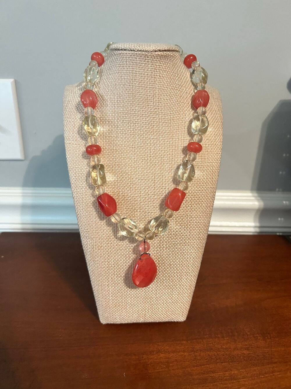 Vintage Pink Beaded Necklace Clear Faceted Oval Beads Choker 16 Inch Romantic